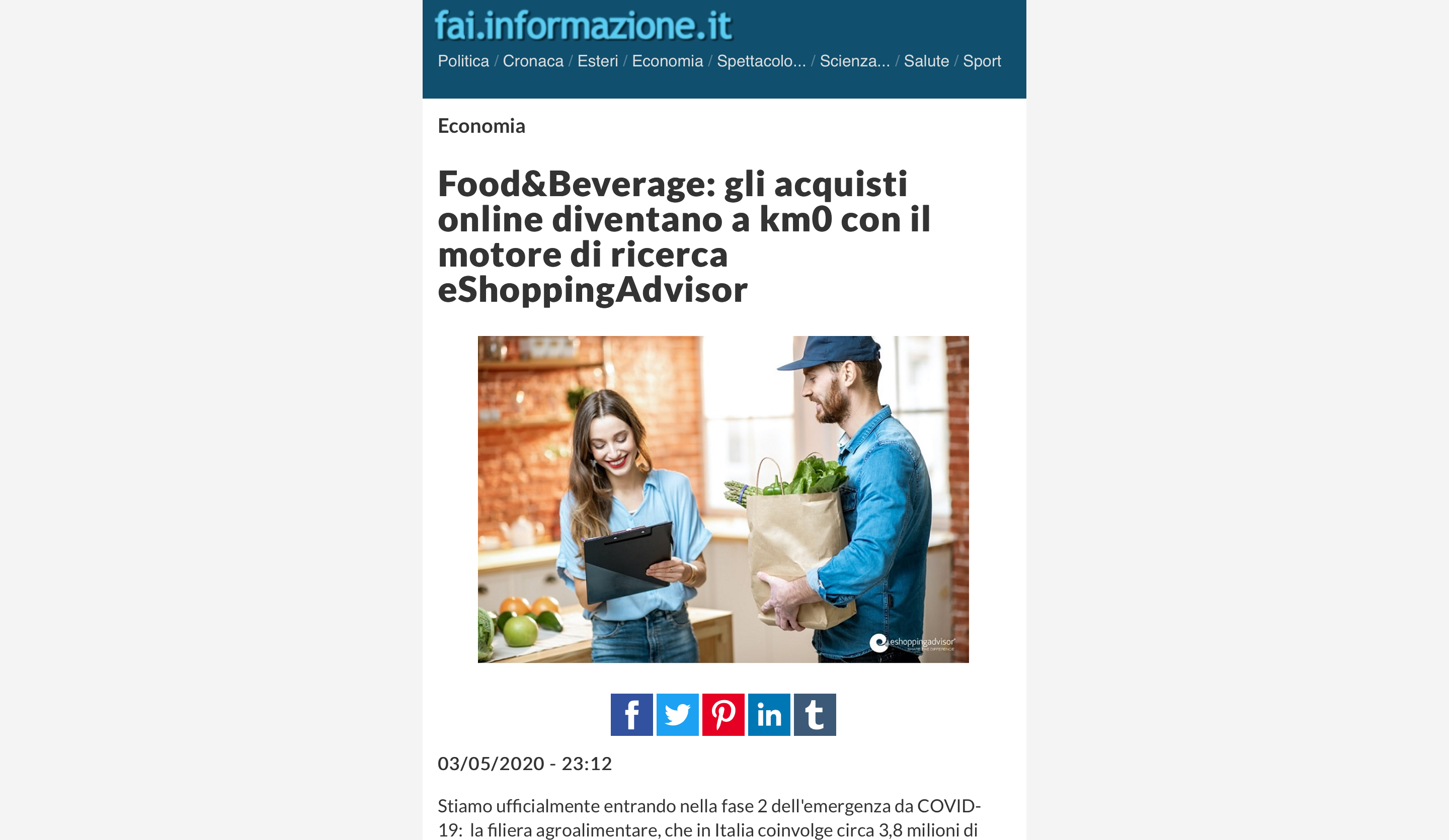 Food&Beverage: gli acquisti online diventano a km0 con il motore di ricerca eShoppingAdvisor